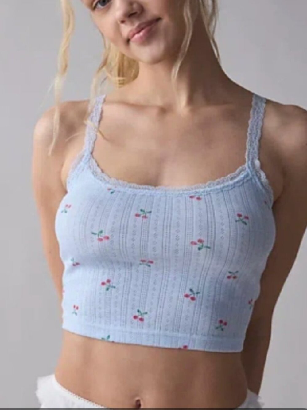 Blue Cherry Print Pointelle Crop Top